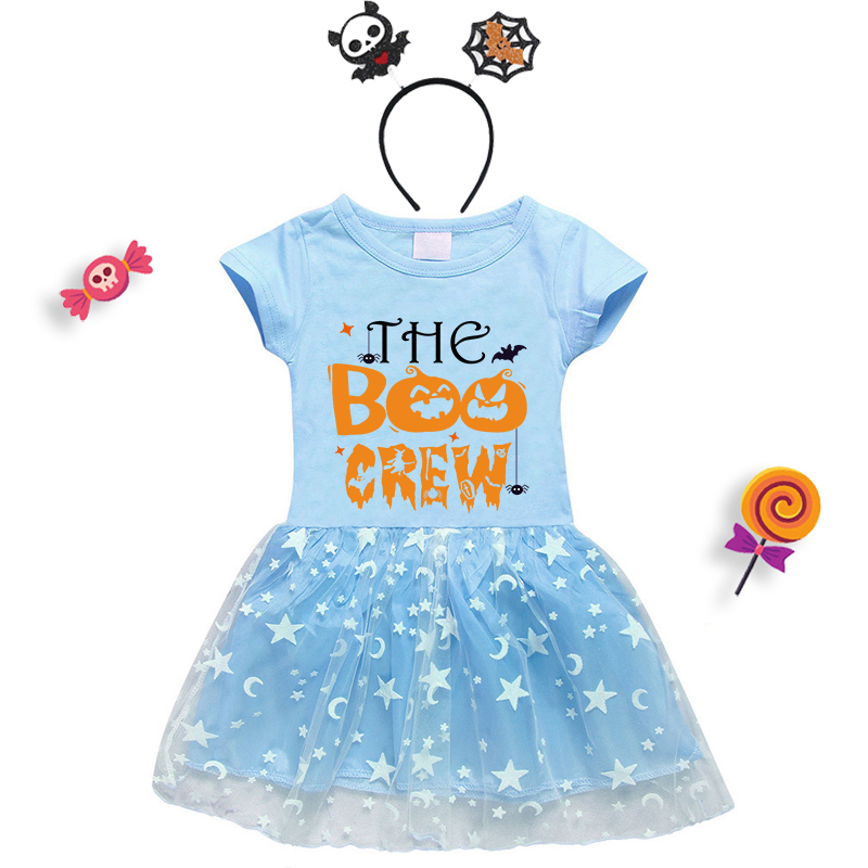 Halloween Toddler Girl 2PCS Cosplay The Boo Crew Pumpkins Short Sleeve Tutu Dresses with Headband Dress Up