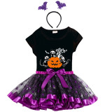 Halloween Toddler Girl 3PCS Cosplay Three Cats With Pumpkin T-shirt Tutu Dresses Sets with Headband Dress Up
