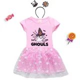 Halloween Toddler Girl 2PCS Cosplay Let's Go Ghouls Ghost Short Sleeve Tutu Dresses with Headband Dress Up