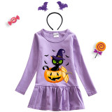 Halloween Toddler Girl 2PCS Cosplay Cat And Pumpkin Long Sleeve Tutu Dresses with Headband Dress Up