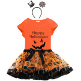 Halloween Toddler Girl 3PCS Cosplay Pumpkin Ghost Face T-shirt Tutu Dresses Sets with Headband Dress Up