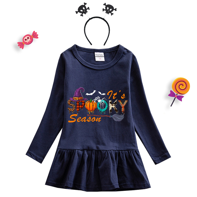 Halloween Toddler Girl 2PCS Cosplay It's Spooky Season Word Art Long Sleeve Tutu Dresses with Headband Dress Up