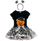 Halloween Toddler Girl 3PCS Cosplay Witch Hat Pumpkin Ghosts T-shirt Tutu Dresses Sets with Headband Dress Up