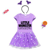 Halloween Toddler Girl 2PCS Cosplay Little Monster Short Sleeve Tutu Dresses with Headband Dress Up