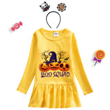 Halloween Toddler Girl 2PCS Cosplay Boo Squad Witch Hat Pumpkins Long Sleeve Tutu Dresses with Headband Dress Up