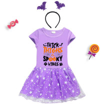 Halloween Toddler Girl 2PCS Cosplay Thick Thighs And Spooky Vibes Pumpkin Short Sleeve Tutu Dresses with Headband Dress Up