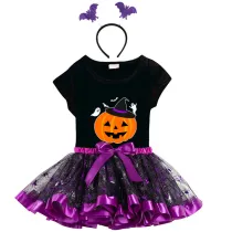 Halloween Toddler Girl 3PCS Cosplay Witch Hat Pumpkin Ghosts T-shirt Tutu Dresses Sets with Headband Dress Up