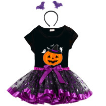 Halloween Toddler Girl 3PCS Cosplay Witch Hat Pumpkin Ghosts T-shirt Tutu Dresses Sets with Headband Dress Up