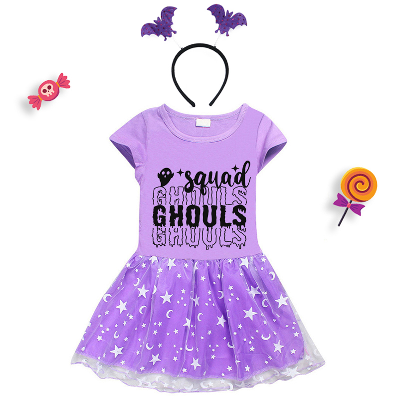 Halloween Toddler Girl 2PCS Cosplay Squad Ghouls Short Sleeve Tutu Dresses with Headband Dress Up