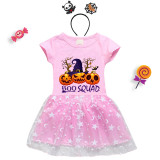 Halloween Toddler Girl 2PCS Cosplay Boo Squad Witch Hat Pumpkins Short Sleeve Tutu Dresses with Headband Dress Up