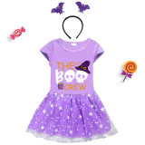 Halloween Toddler Girl 2PCS Cosplay The Boo Crew Skulls Short Sleeve Tutu Dresses with Headband Dress Up