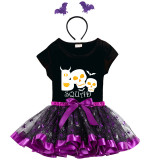 Halloween Toddler Girl 3PCS Cosplay Boo Squad Skulls T-shirt Tutu Dresses Sets with Headband Dress Up