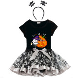 Halloween Toddler Girl 3PCS Cosplay Pajamas Ghost With Pumpkin T-shirt Tutu Dresses Sets with Headband Dress Up