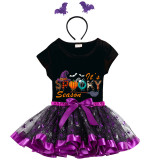 Halloween Toddler Girl 3PCS Cosplay It's Spooky Season Word Art T-shirt Tutu Dresses Sets with Headband Dress Up