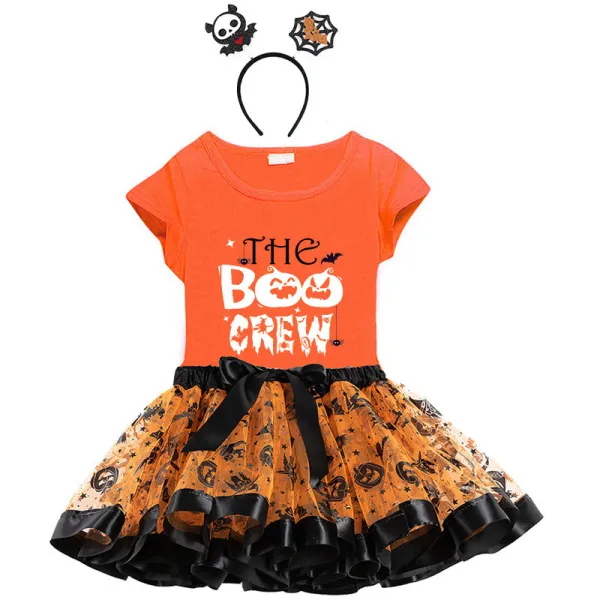Halloween Toddler Girl 3PCS Cosplay The Boo Crew Pumpkins T-shirt Tutu Dresses Sets with Headband Dress Up