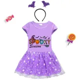 Halloween Toddler Girl 2PCS Cosplay It's Spooky Season Word Art Short Sleeve Tutu Dresses with Headband Dress Up
