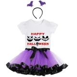 Halloween Toddler Girl 3PCS Cosplay Ghost Faces T-shirt Tutu Dresses Sets with Headband Dress Up