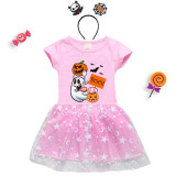 Halloween Toddler Girl 2PCS Cosplay Pumpkins Ghost Short Sleeve Tutu Dresses with Headband Dress Up