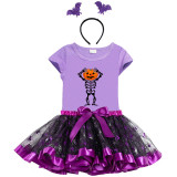 Halloween Toddler Girl 3PCS Cosplay Skeleton Happy Face Pumpkin T-shirt Tutu Dresses Sets with Headband Dress Up