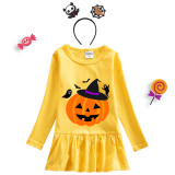 Halloween Toddler Girl 2PCS Cosplay Witch Hat Pumpkin Ghosts Long Sleeve Tutu Dresses with Headband Dress Up