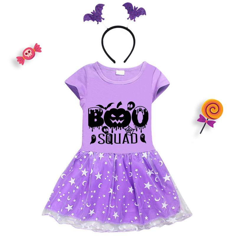 Halloween Toddler Girl 2PCS Cosplay Boo Squad Pumpkins Short Sleeve Tutu Dresses with Headband Dress Up
