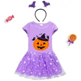 Halloween Toddler Girl 2PCS Cosplay Witch Hat Pumpkin Ghosts Short Sleeve Tutu Dresses with Headband Dress Up