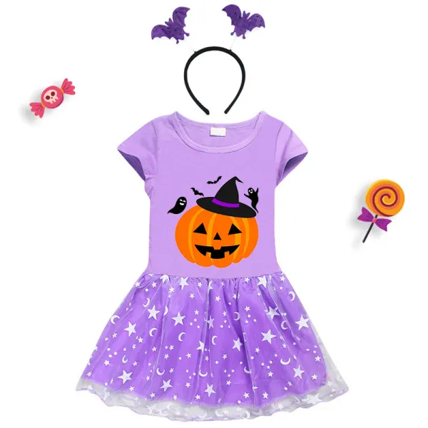 Halloween Toddler Girl 2PCS Cosplay Witch Hat Pumpkin Ghosts Short Sleeve Tutu Dresses with Headband Dress Up
