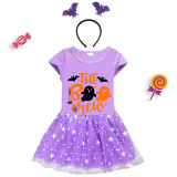 Halloween Toddler Girl 2PCS Cosplay The Boo Crew Ghosts Short Sleeve Tutu Dresses with Headband Dress Up