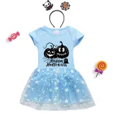 Halloween Toddler Girl 2PCS Cosplay Pumpkins Spider Web Short Sleeve Tutu Dresses with Headband Dress Up