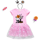 Halloween Toddler Girl 2PCS Cosplay Tomb Pumpkin Short Sleeve Tutu Dresses with Headband Dress Up