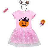 Halloween Toddler Girl 2PCS Cosplay Witch Hat Pumpkin Ghosts Short Sleeve Tutu Dresses with Headband Dress Up