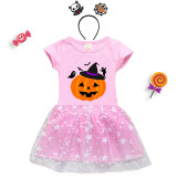 Halloween Toddler Girl 2PCS Cosplay Witch Hat Pumpkin Ghosts Short Sleeve Tutu Dresses with Headband Dress Up