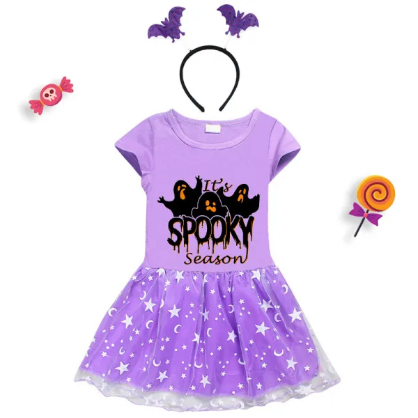 Halloween Toddler Girl 2PCS Cosplay It's Spooky Season Ghosts Short Sleeve Tutu Dresses with Headband Dress Up
