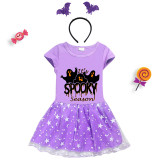 Halloween Toddler Girl 2PCS Cosplay It's Spooky Season Ghosts Short Sleeve Tutu Dresses with Headband Dress Up