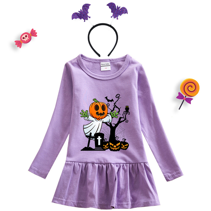 Halloween Toddler Girl 2PCS Cosplay Tomb Pumpkin Long Sleeve Tutu Dresses with Headband Dress Up