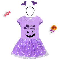 Halloween Toddler Girl 2PCS Cosplay Pumpkin Ghost Face Short Sleeve Tutu Dresses with Headband Dress Up