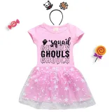 Halloween Toddler Girl 2PCS Cosplay Squad Ghouls Short Sleeve Tutu Dresses with Headband Dress Up