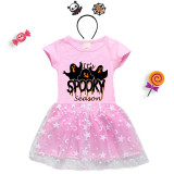 Halloween Toddler Girl 2PCS Cosplay It's Spooky Season Ghosts Short Sleeve Tutu Dresses with Headband Dress Up