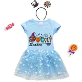 Halloween Toddler Girl 2PCS Cosplay It's Spooky Season Word Art Short Sleeve Tutu Dresses with Headband Dress Up