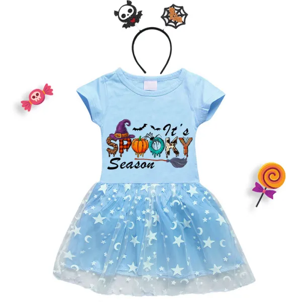 Halloween Toddler Girl 2PCS Cosplay It's Spooky Season Word Art Short Sleeve Tutu Dresses with Headband Dress Up