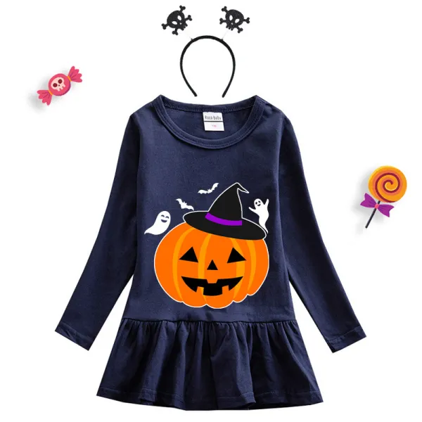 Halloween Toddler Girl 2PCS Cosplay Witch Hat Pumpkin Ghosts Long Sleeve Tutu Dresses with Headband Dress Up