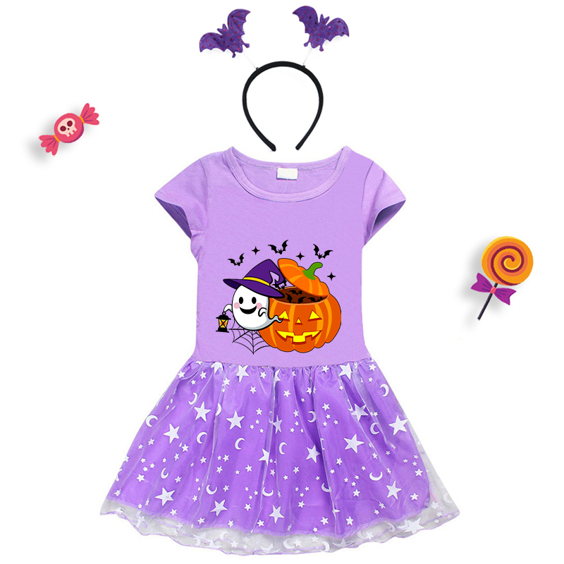 Halloween Toddler Girl 2PCS Cosplay Ghost With Pumpkin Short Sleeve Tutu Dresses with Headband Dress Up