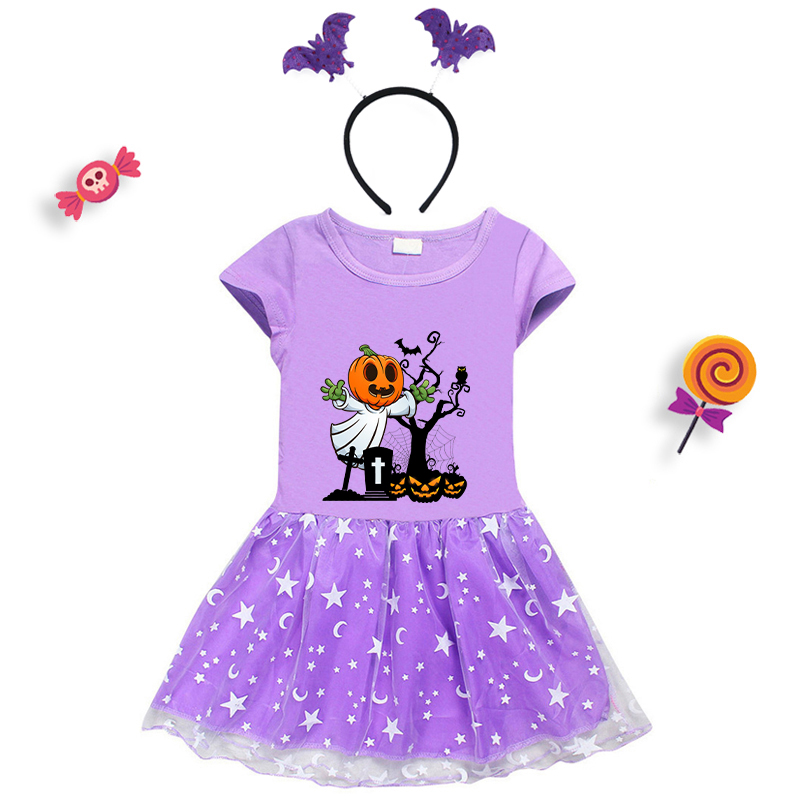 Halloween Toddler Girl 2PCS Cosplay Tomb Pumpkin Short Sleeve Tutu Dresses with Headband Dress Up