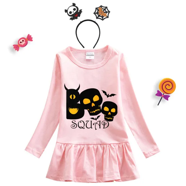 Halloween Toddler Girl 2PCS Cosplay Boo Squad Skulls Long Sleeve Tutu Dresses with Headband Dress Up