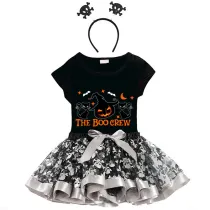 Halloween Toddler Girl 3PCS Cosplay Boo Crew Cats Pumpkin T-shirt Tutu Dresses Sets with Headband Dress Up