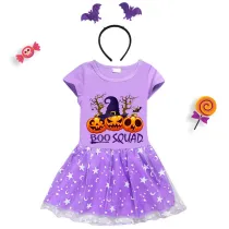 Halloween Toddler Girl 2PCS Cosplay Boo Squad Witch Hat Pumpkins Short Sleeve Tutu Dresses with Headband Dress Up