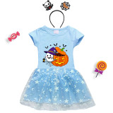 Halloween Toddler Girl 2PCS Cosplay Ghost With Pumpkin Short Sleeve Tutu Dresses with Headband Dress Up