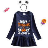 Halloween Toddler Girl 2PCS Cosplay Thick Thighs And Spooky Vibes Pumpkin Long Sleeve Tutu Dresses with Headband Dress Up