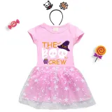 Halloween Toddler Girl 2PCS Cosplay The Boo Crew Skulls Short Sleeve Tutu Dresses with Headband Dress Up