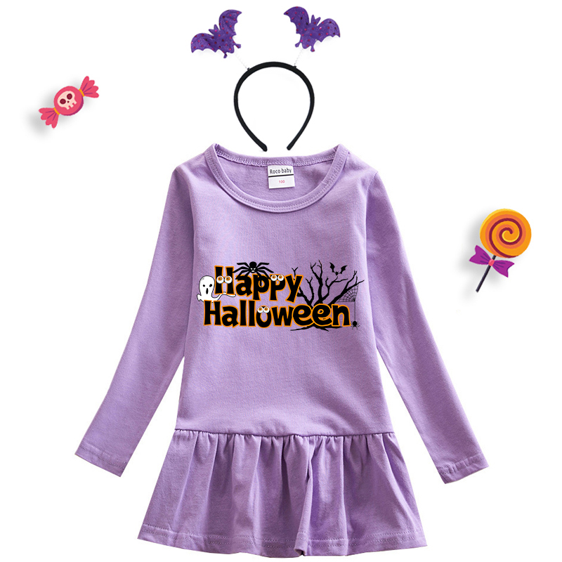 Halloween Toddler Girl 2PCS Cosplay Happy Halloween Word Art Long Sleeve Tutu Dresses with Headband Dress Up